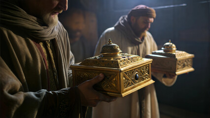 Men in biblical attire presenting gifts during a reenactment of the Nativity story