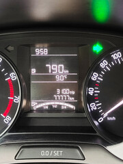 Digital modern LCD display of a car with a dashboard with backlight, speedometer, tachometer, fuel...