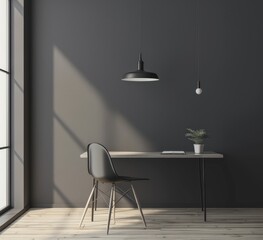 Minimalist home office with a black desk and chair. a potted plant. and two pendant lights against a grey wall and wood floor