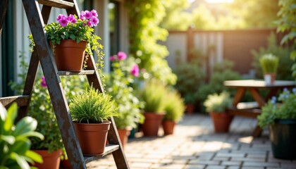 Fototapeta premium Garden ladder placed on a terrace, each step holding vibrant potted plants in a sunny setting