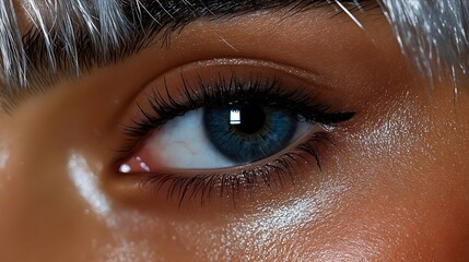 A close up of a woman's blue eye with long eyelashes