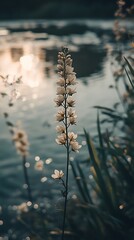 Naklejka premium Lovely flower illuminated tranquil water artistic nature background image