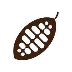 Cocoa beans isolated on a white background vector illustration. Cocoa pod. Fresh cocoa fruit, half sliced cacao pod with cacao beans inside. Trendy Flat logo. EPS 10.