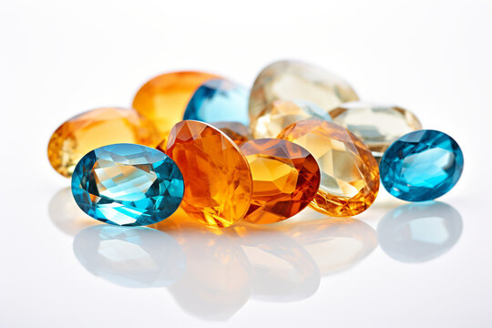 Precious blue and orange topaz crystals on white background