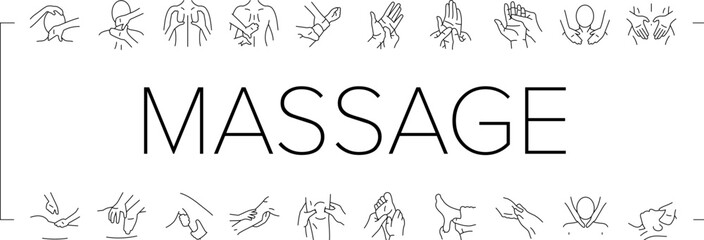 massage therapy relaxation icons set vector. wellness healing, therapy stress, tension, rejuvenation holistic, bodywork, spa massage therapy relaxation black contour illustrations