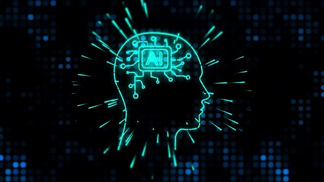 Motion of human profile logo and AI icon with line connection. Abstract background. Futuristic AI brain circuit board icon. Artificial intelligence technological chip. Digital cognition and innovation