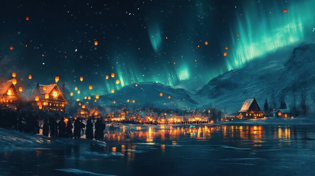 Magical winter village with aurora borealis and lanterns.