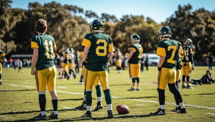 Fototapeta premium Une équipe de football américain à l'entrainement, tenue jaune et vert, en plein durant la journée.