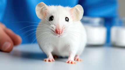 Curious White Lab Mouse on Laboratory Table with Blue Background