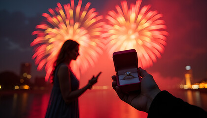 Man proposing with an engagement ring in front of fireworks, romantic atmosphere, copy space, Valentine's Day concept