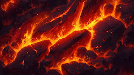 Close-up of glowing hot coals with flames. Ember. Illustration