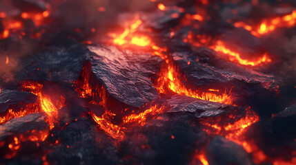 Close-up of glowing red coals displaying intense warmth and energy, perfect for capturing the essence of heat, passion, and fiery ambiance. Ember. Illustration