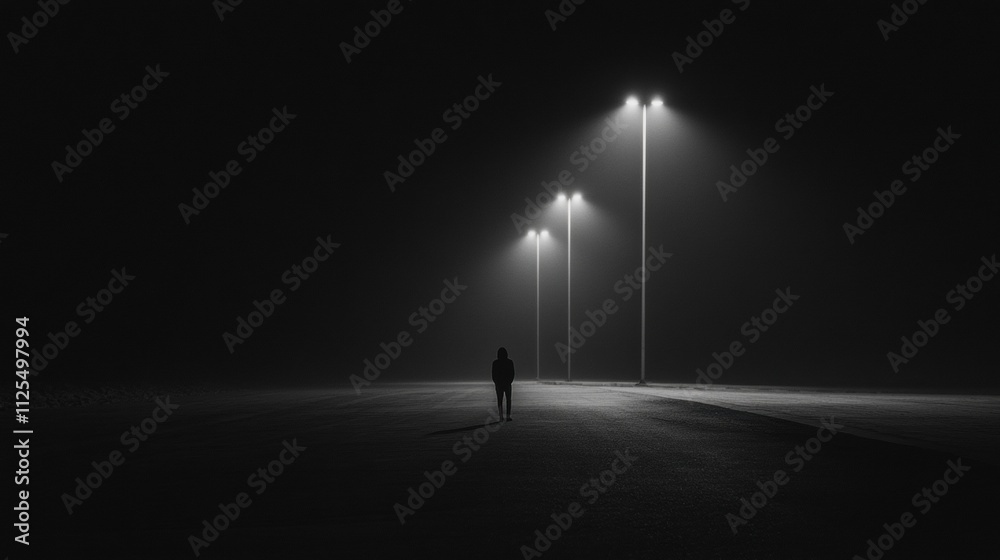 Aufkleber A lone person casts a shadow on a deserted street lit by glowing streetlights under a dark sky, creating a sense of solitude. Generative AI