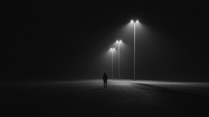 A lone person casts a shadow on a deserted street lit by glowing streetlights under a dark sky, creating a sense of solitude. Generative AI