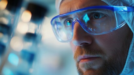 Scientist in Protective Gear Analyzing Samples in Laboratory with Intense Focus