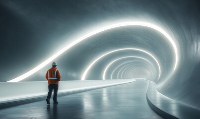 A worker in a hard hat walks in an empty illuminated tunnel.
