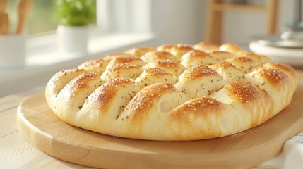 Golden Freshly Baked Focaccia Bread on Wooden Board in Sunlit Kitchen