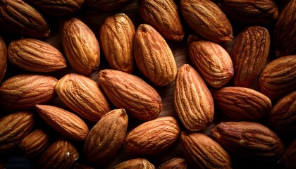 Fototapeta premium A detailed close-up image showcasing whole almonds with rich brown shells. The lighting highlights the natural textures, emphasizing the almonds' earthy tone and wholesome appearance.