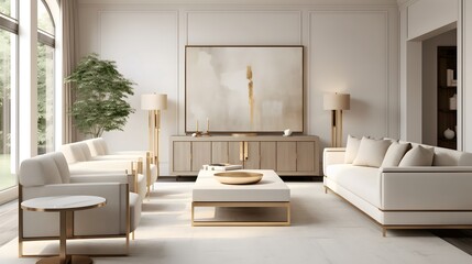 Design a luxurious living room interior that emphasizes elegance and modernity with a sectional sofa, chandelier, marble coffee table, high pile rug, linen curtains and decorative throw pillows.