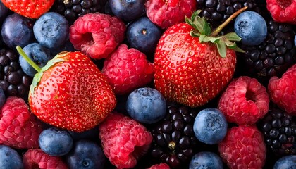Obraz premium A vibrant collection of fresh berries showcasing strawberries, blueberries, and raspberries. Ideal for healthy eating, fruit salads, and colorful food displays, culinary themes, texture, background