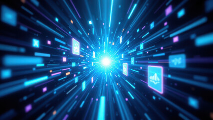 Obraz premium Futuristic data transfer with a digital tunnel effect emphasizing RAG, Retrieval Augmented Generation.