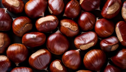 Obraz premium A detailed close-up image showcasing fresh, shiny, raw chestnuts arranged on a dark background. The rich brown colors highlight the natural texture and appeal of these seasonal nuts.