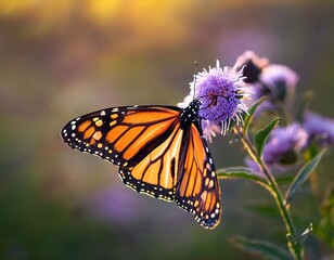 Fototapeta premium macro photograph of a monarch butterfly resting on a purple wildflower, showcasing intricate wing patterns and delicate scales with a blurred meadow background