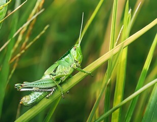 Green grasshopper is sitting on a green leaf. The grasshopper is green and brown in color