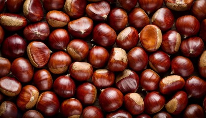 A detailed close-up image showcasing fresh, shiny, raw chestnuts arranged on a dark background. The rich brown colors highlight the natural texture and appeal of these seasonal nuts.