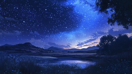 Fototapeta premium Starry night over tranquil lake and mountains.
