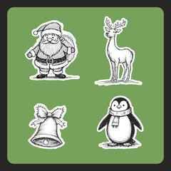 Christmas Sketch Stickers with Santa Claus, Reindeer, Penguin, Christmas element collection