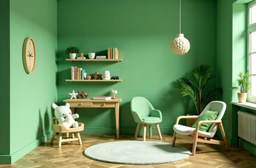 Fototapeta premium Modern interior of children room green color, playroom in house. AI Generative