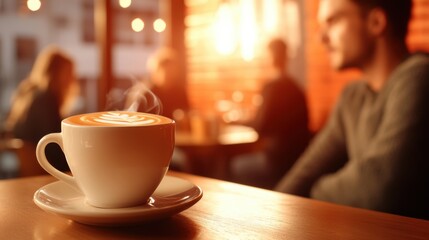 Obraz premium A steaming cup of coffee with latte art sits on a wooden table in a cozy café, with a blurred background of people enjoying the warm ambiance, AI