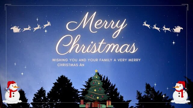 Christmas night with full moon and water with Santa Claus sleight and reindeer silhouette enter and exit flying with text space to place, animated Christmas present greeting post card 4k video.