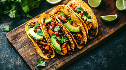 Roasted sweet potato and black bean tacos with avocado.