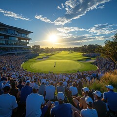 A vibrant golf tournament scene with a sunset backdrop and a large crowd of spectators.