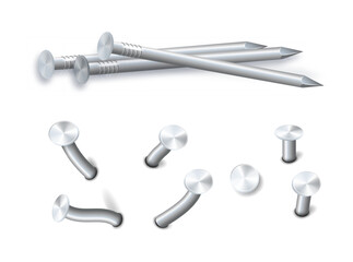 Nails hammered into wall steel straight and bent metal hardware spikes. Hobnails with grey caps top view isolated on transparent background. Vector