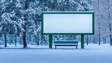 Fototapeta premium Blank winter billboard in snowy forest scene with bench