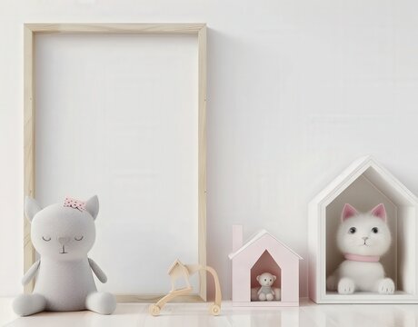 Empty frame mockup in a white minimalist nursery with plush toys and wooden toys