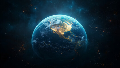 Obraz premium view of planet earth with nighttime focus on north america