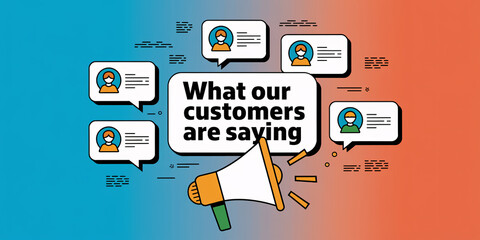What Our Customers Are Saying Text with Megaphone and Speech Bubbles on Gradient Blue-Orange Background
