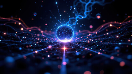 Illustration of a neural network with a stylized atom at its center, representing Retrieval Augmented Generation (RAG) technology.