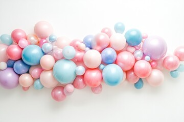 Pastel-colored balloons arranged in a horizontal row against a white background.