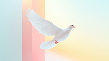 Fototapeta premium Pristine White Dove Soaring Gracefully Against a Pastel-Colored Abstract Background