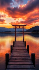 Fototapeta premium Torii gates in the middle of a large lake in Japan with copy space vertically 9:16