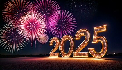 Fototapeta na wymiar Oświetlony lampkami napis 2025, w tle fajerwerki na nocnym niebie. Sylwestrowe tło