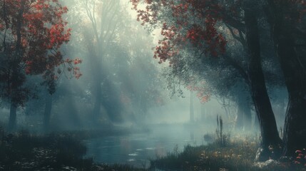 Obraz premium Mystical fog shrouds a serene autumn forest stream.