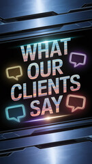 Obraz premium What Our Clients Say Text with Neon Speech Bubbles on Futuristic Metallic Background 