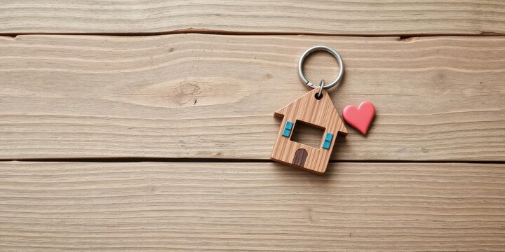 House key in heart shape with home keyring on old wood background decorated with mini heart, house