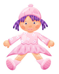 Cute soft doll toy in pink dress with bow on hair
